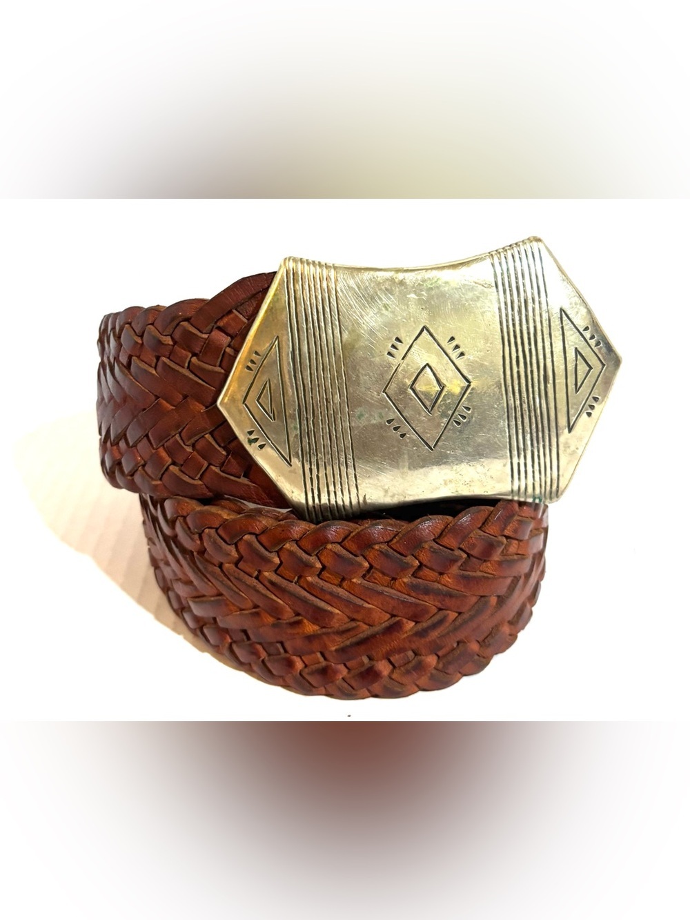 Vintage unisex handmade Braided Brown distressed Leather Belt Geometric Buckle